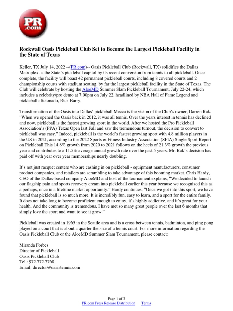 Rockwall Oasis Pickleball Club Set To The Largest Pickleball