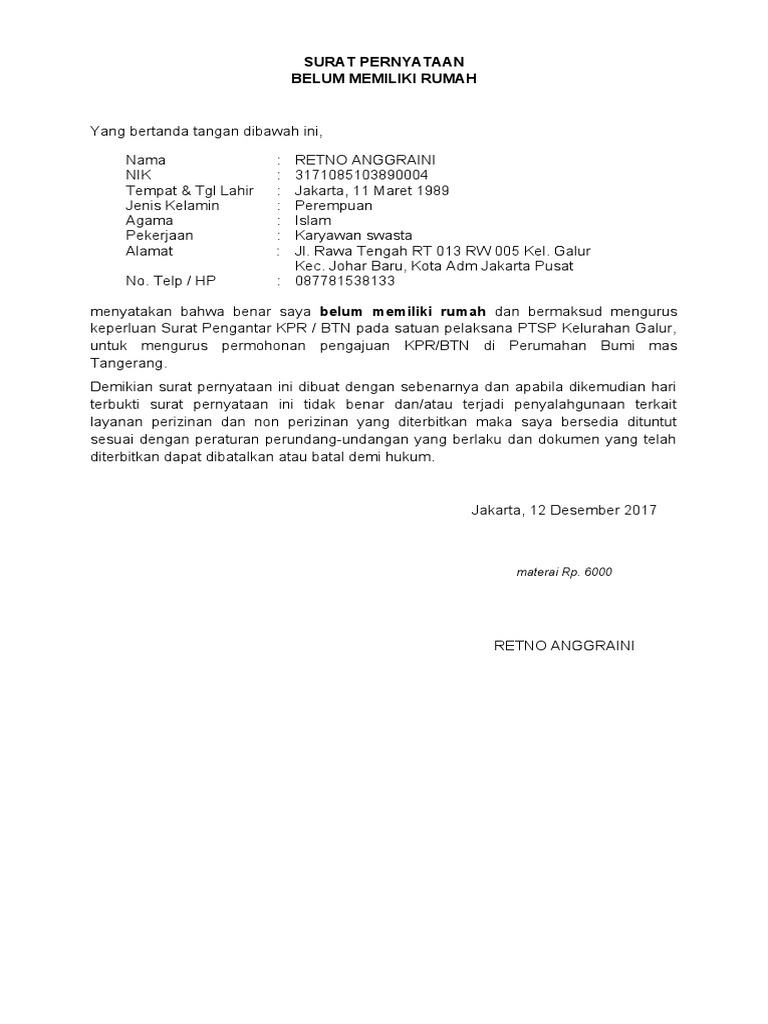 Surat Pernyataan Belum Memiliki Rumah PDF