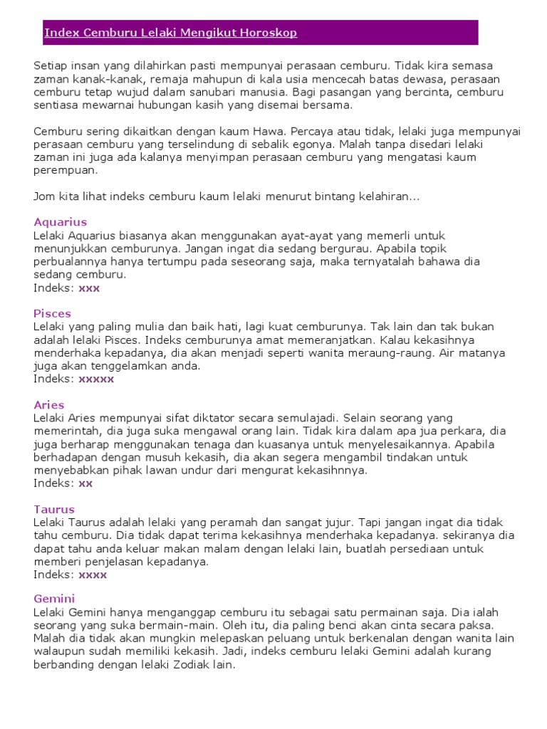 Index Cemburu Lelaki Mengikut Horoskop Pdf