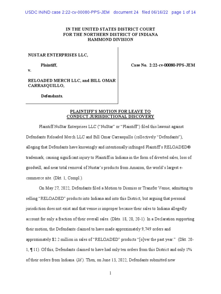 NuStar Motion For Leave To Conduct Jurisdictional Discovery PDF