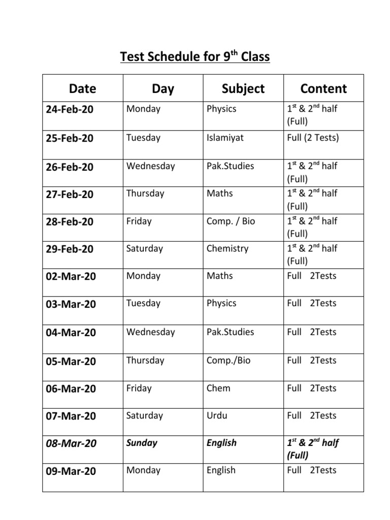 9th Class Test Schedule 2025 | PDF