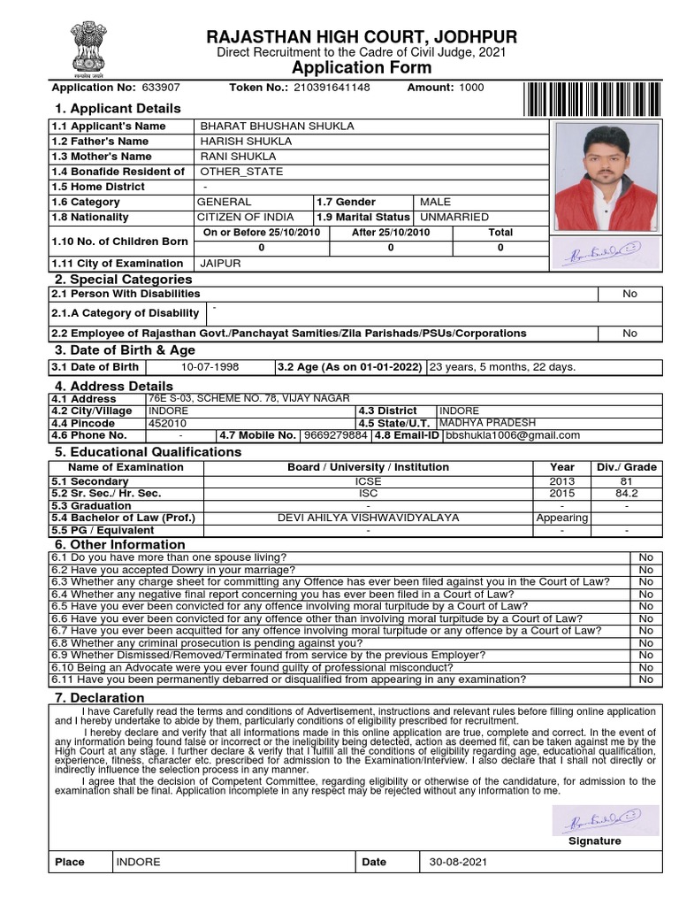 Rajasthan High Court, Jodhpur Application Form: 1. Applicant Details ...