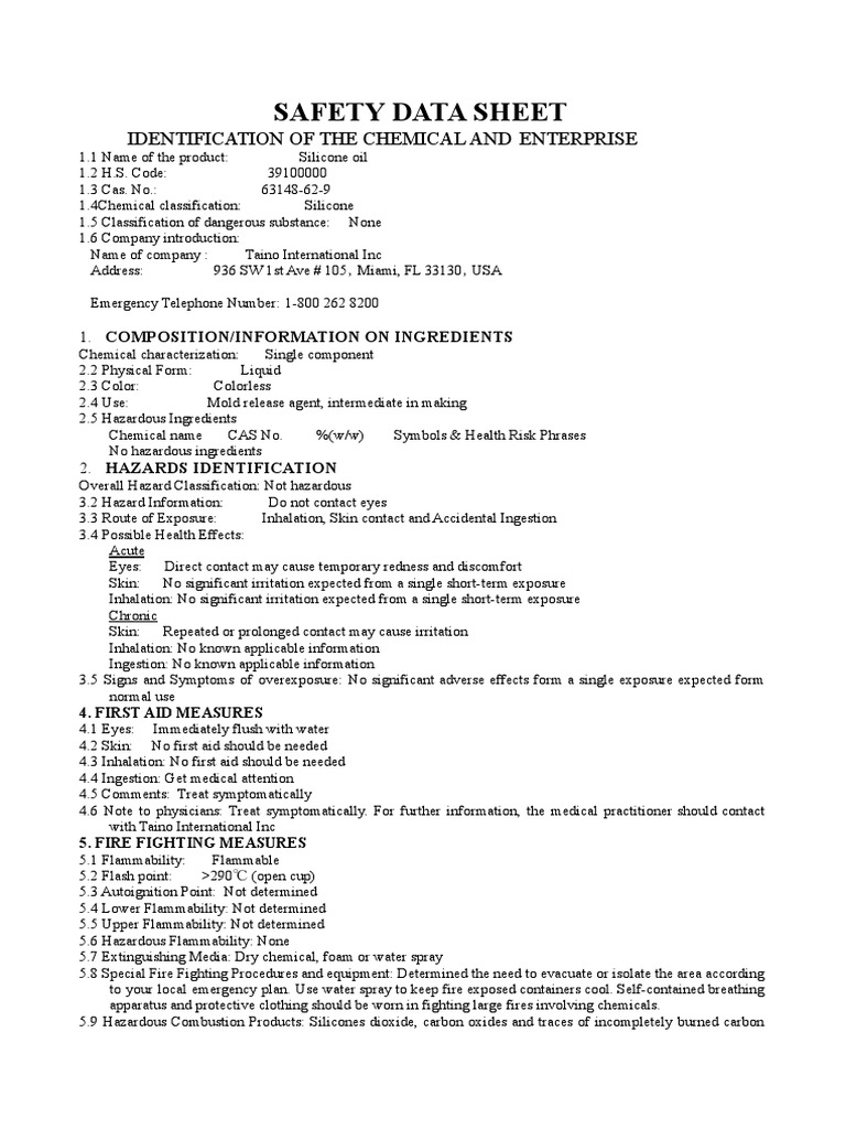 Silicone Oil MSDS PDF Fires Water