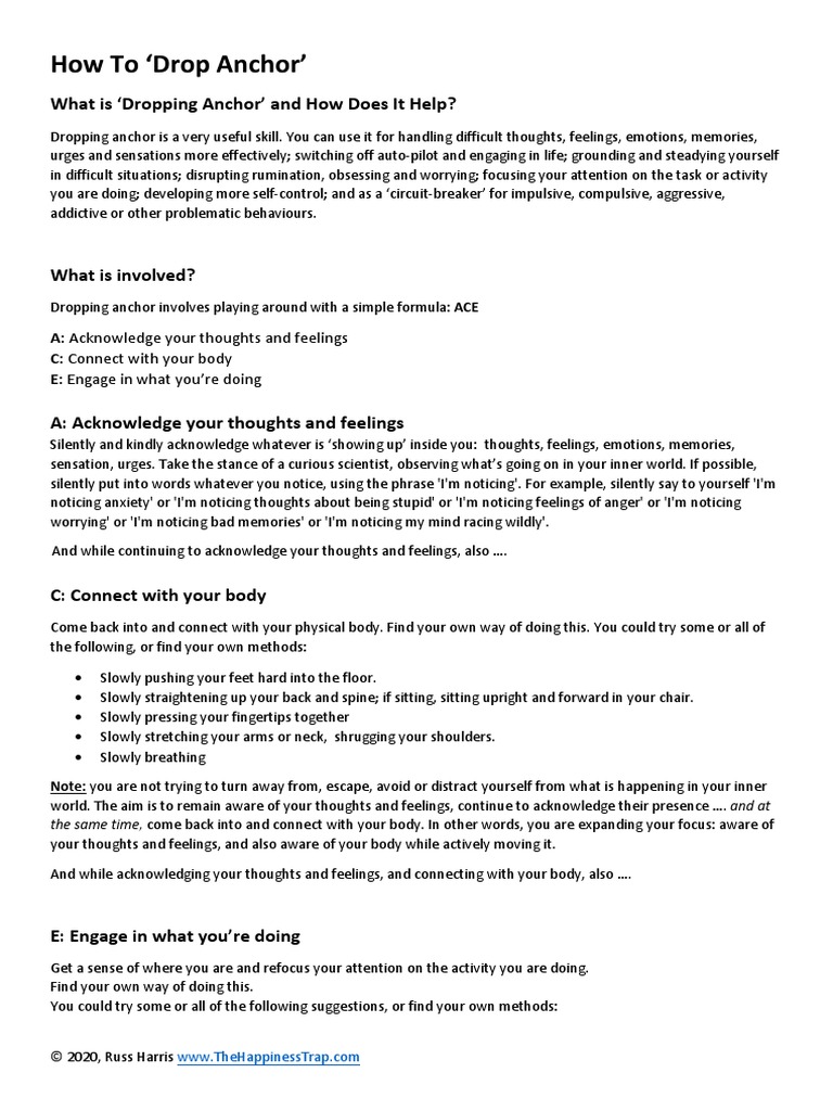 Dropping Anchor Handout For Clients ACE Formula Russ Harris 2020