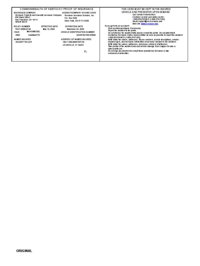 Commonwealth of Kentucky Proof of Insurance Insurance Company Agency