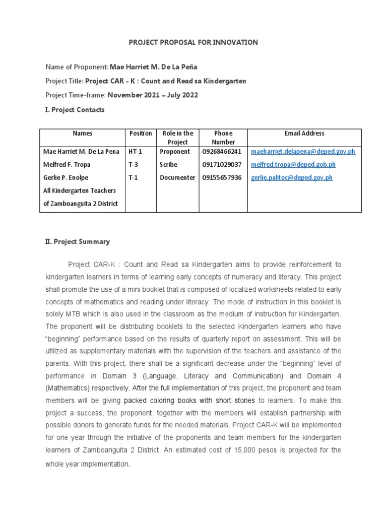 Project CAR-K: Enhancing Kindergarten Literacy | PDF | Literacy | Learning