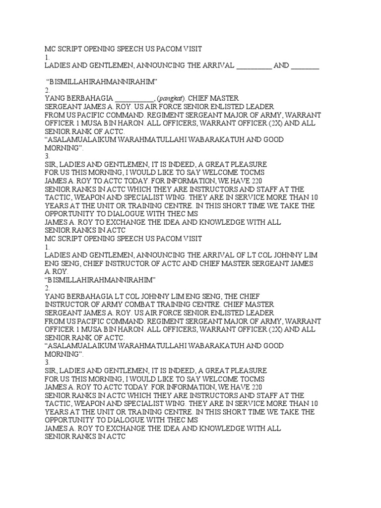 Mc Script Opening Speech English Pdf Officer Armed Forces Sergeant
