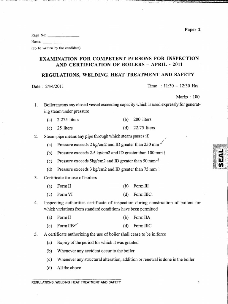 Boiler Exam Question Paper-2011 | PDF