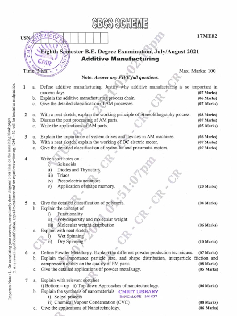 VTU Question Paper of 17ME82 Additive Manufacturing Jun-2021 | PDF