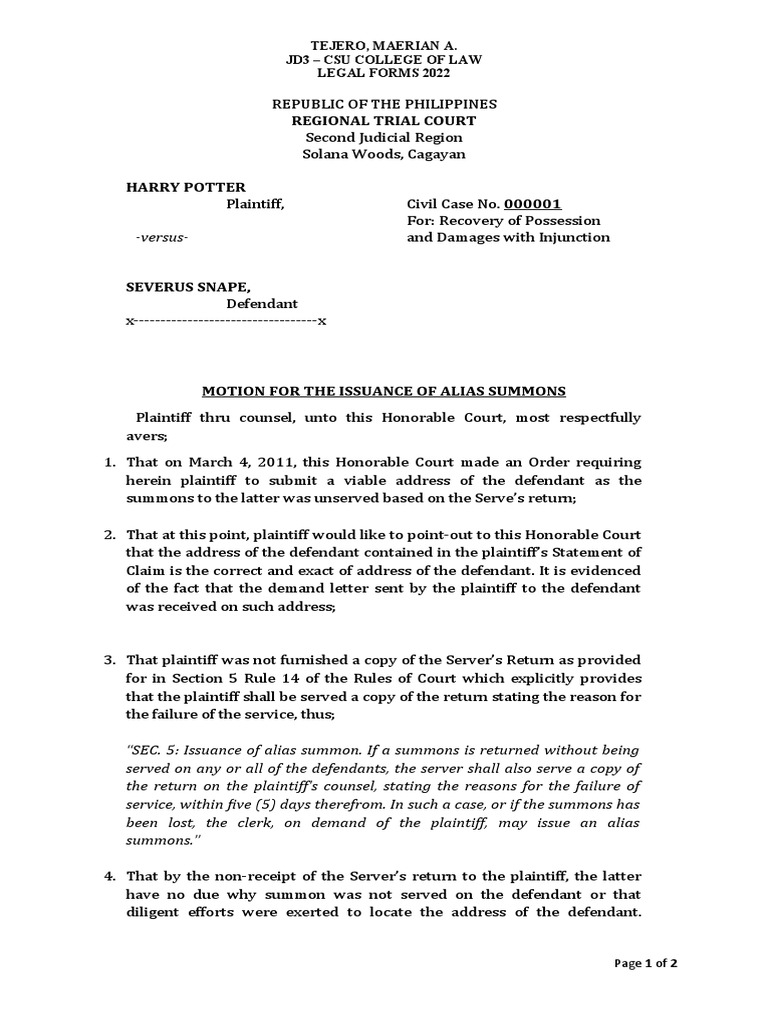 3 Motion For The Issuance of Alias Summons PDF Summons Lawsuit
