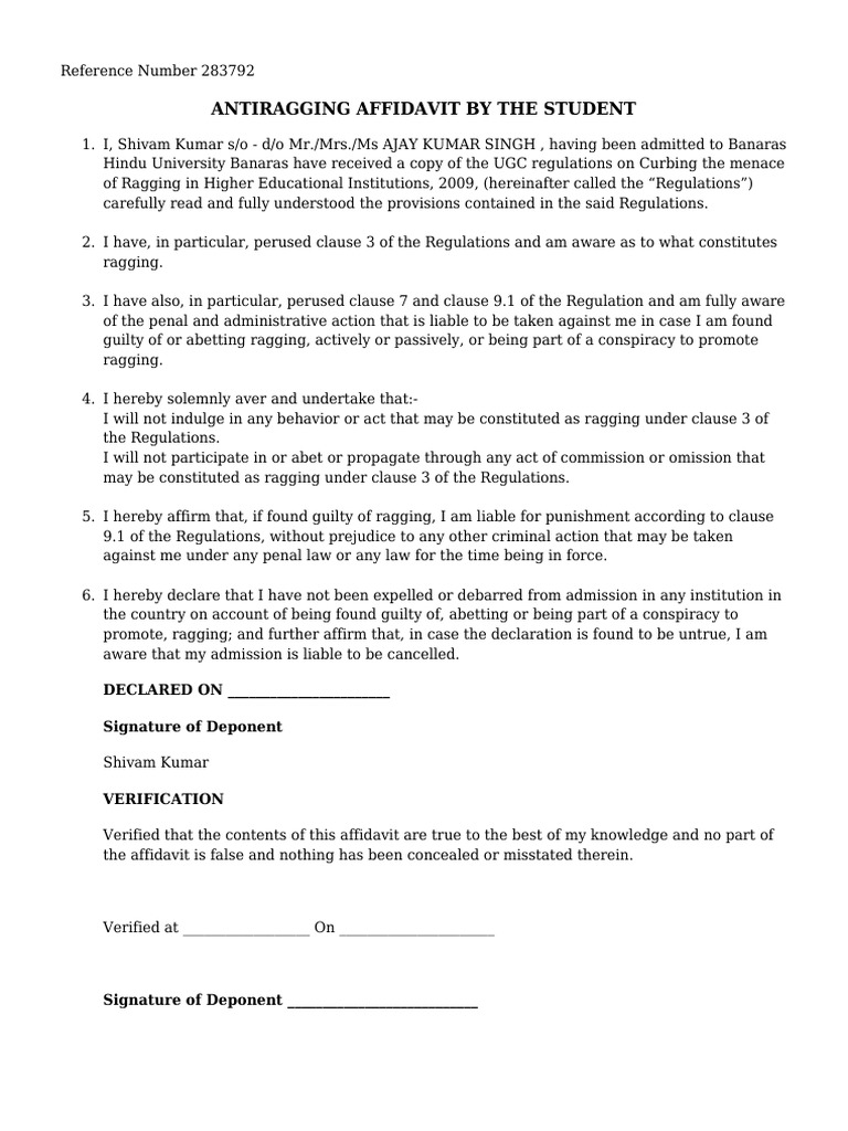Antiragging Affidavit by The Student DECLARED ON Signature of