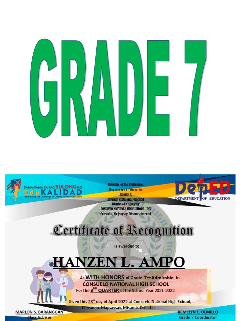 Certificate Of Recognition Sy 2021 2022 3rd Quarter Pdf