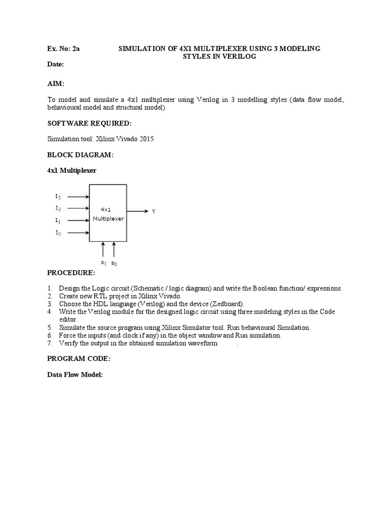 Ex. No: 2a Simulation of 4X1 Multiplexer Using 3 Modeling Styles in ...