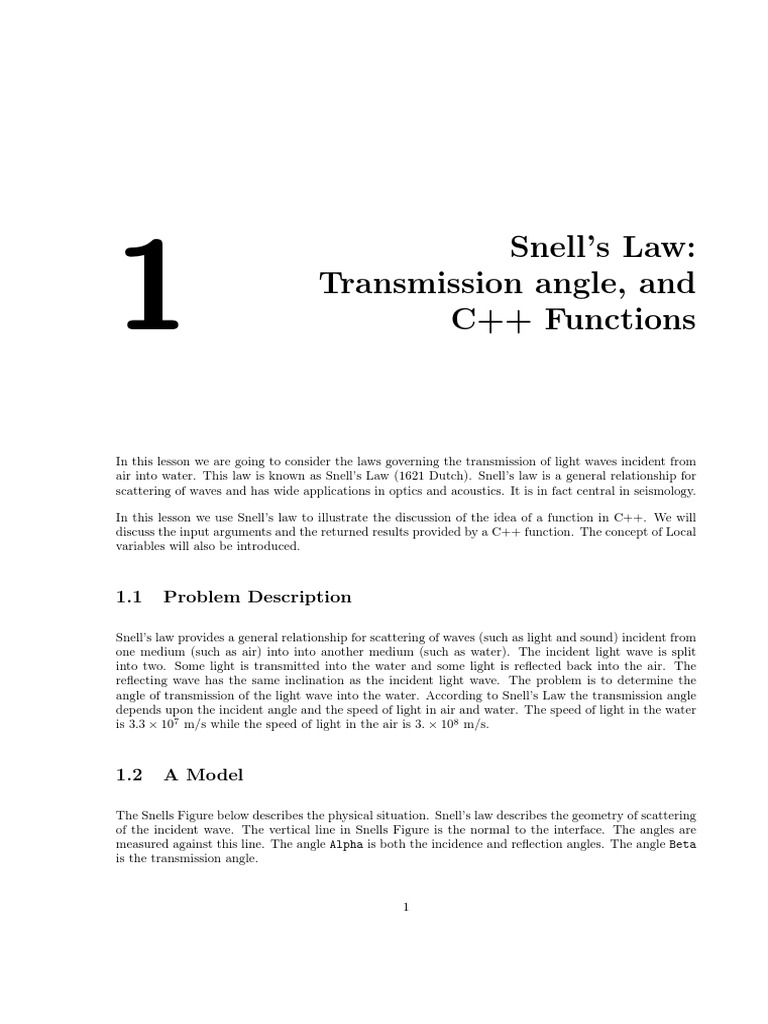 Snell's Law Transmission Angle, and C++ Functions 1.1 Problem