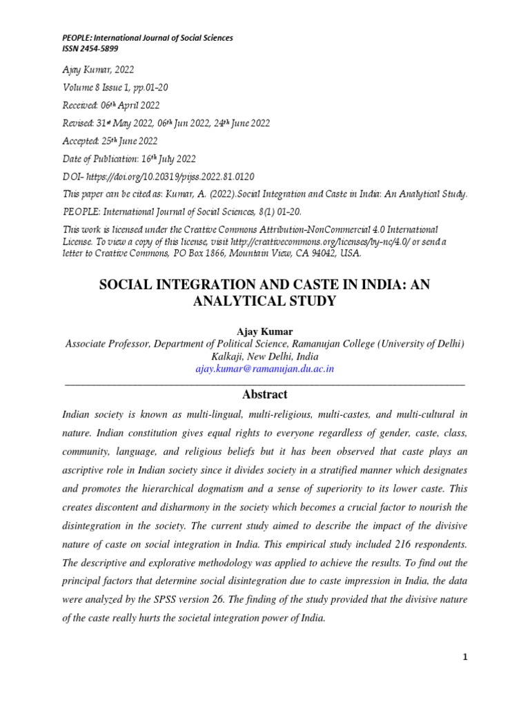 Social Integration and Caste in India: An Analytical Study | PDF ...