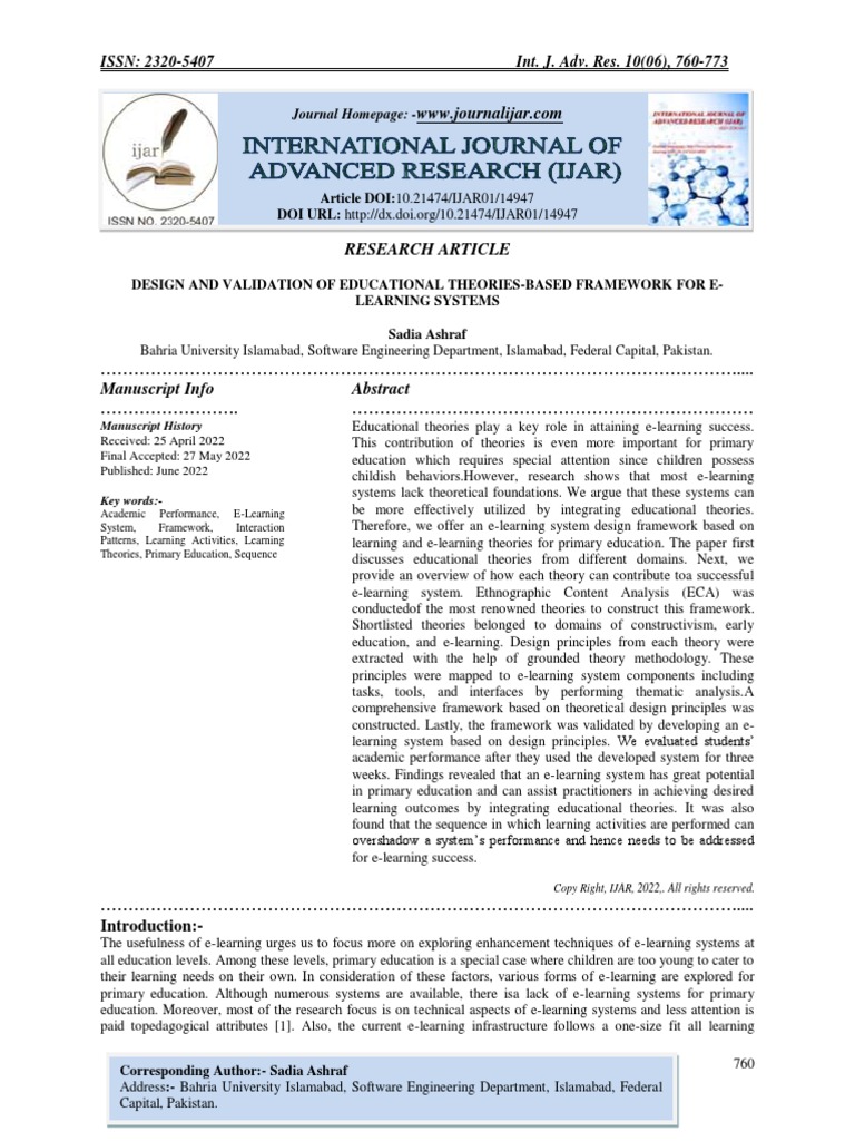 Design And Validation Of Educational Theories Based Framework For E