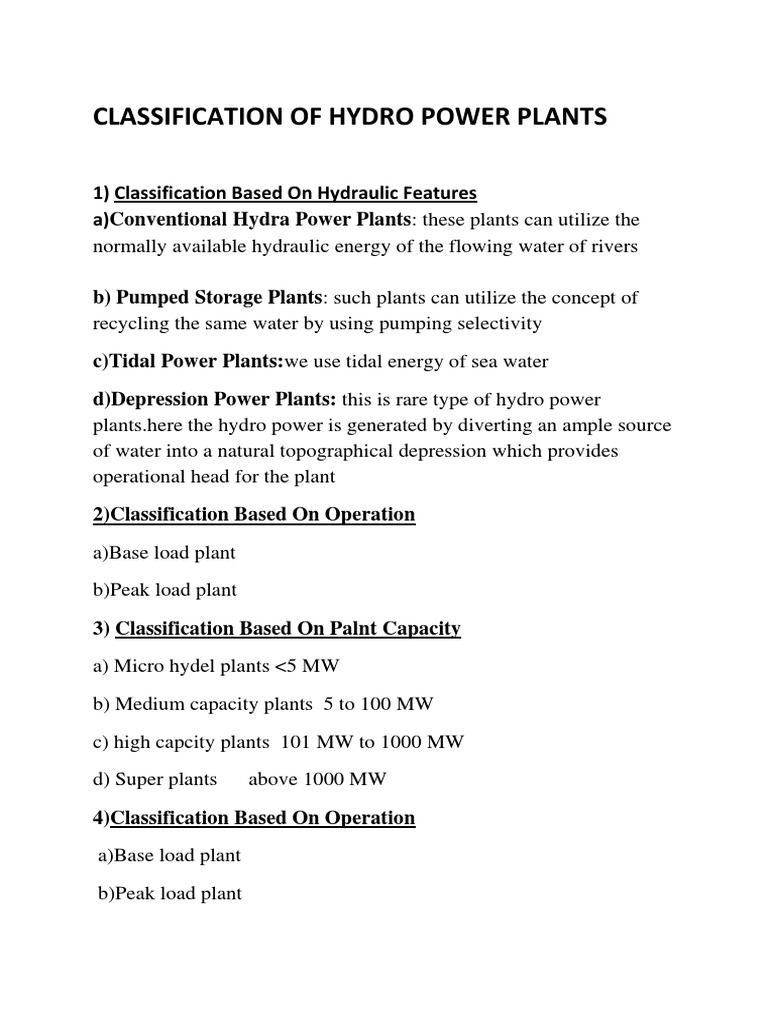 Classification of Hydro Power Plants PDF Hydroelectricity Dam