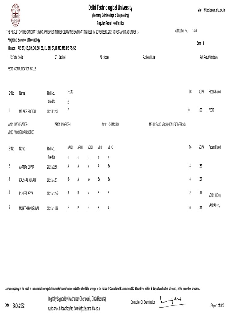 DTU B.Tech Sem 1 Result Notification | PDF | Science | Engineering