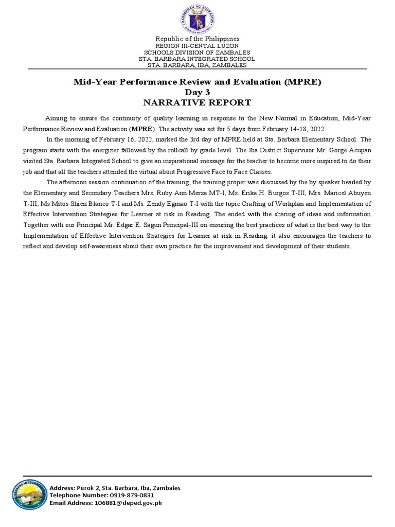 Mid-Year Performance Review and Evaluation (MPRE) Day 3 Narrative ...