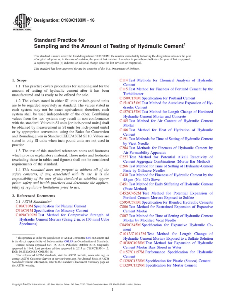 Sampling and The Amount of Testing of Hydraulic Cement Standard