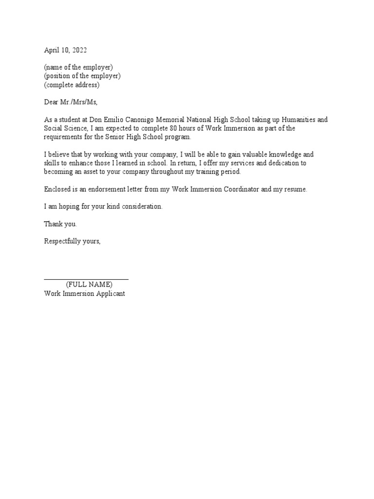 Work Immersion Application Letter | PDF