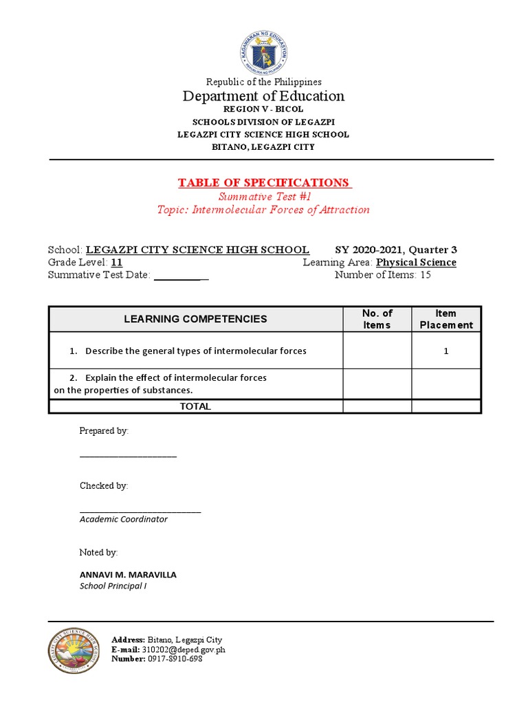 TABLE OF SPECIFICATIONS Template | PDF