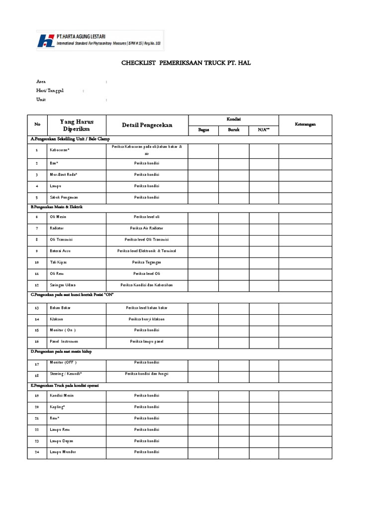 Checklist Harian Pemeriksaan Truck | PDF