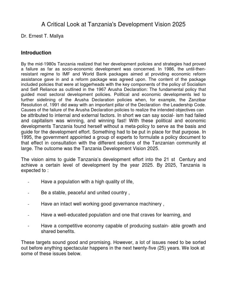 TANZANIA NATIONAL DEVELOPMENT VISION 2025 visual data 7