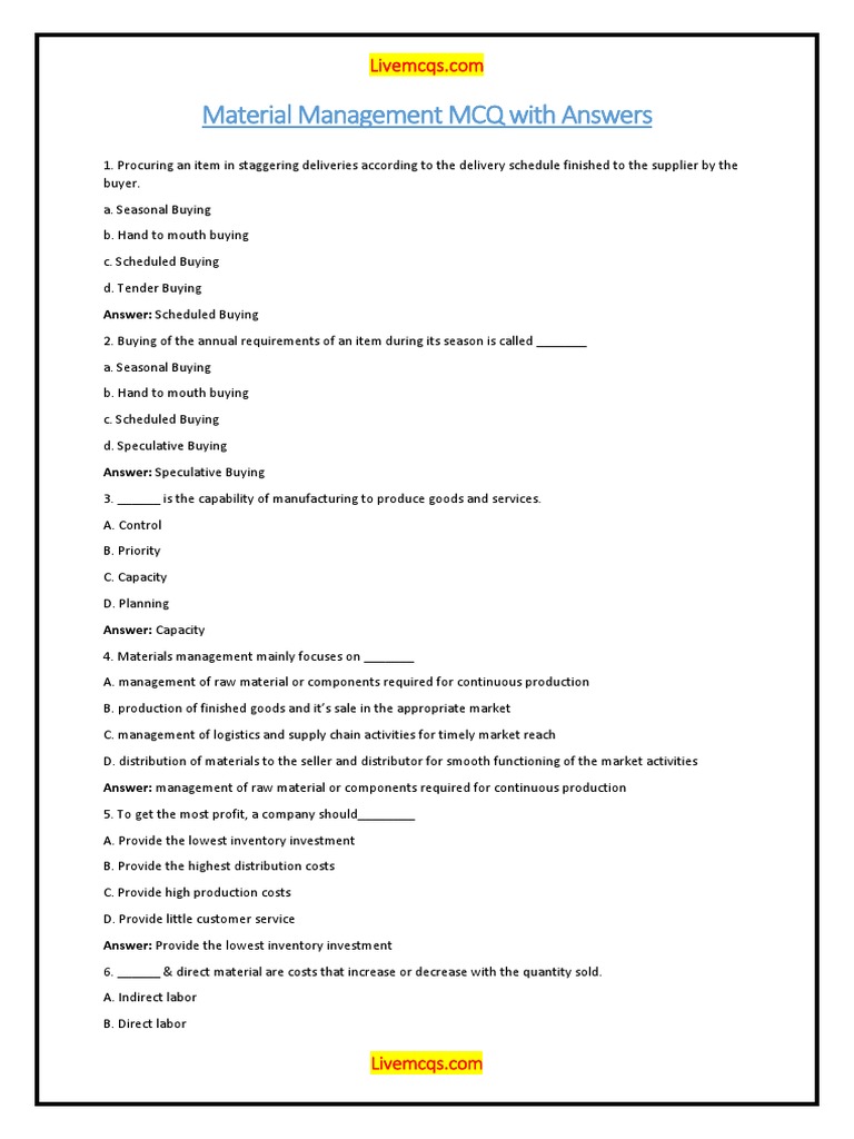 Material Management MCQ With Answers PDF PDF Procurement Supply Chain