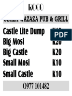 Ozaza Pub and Grill Price List