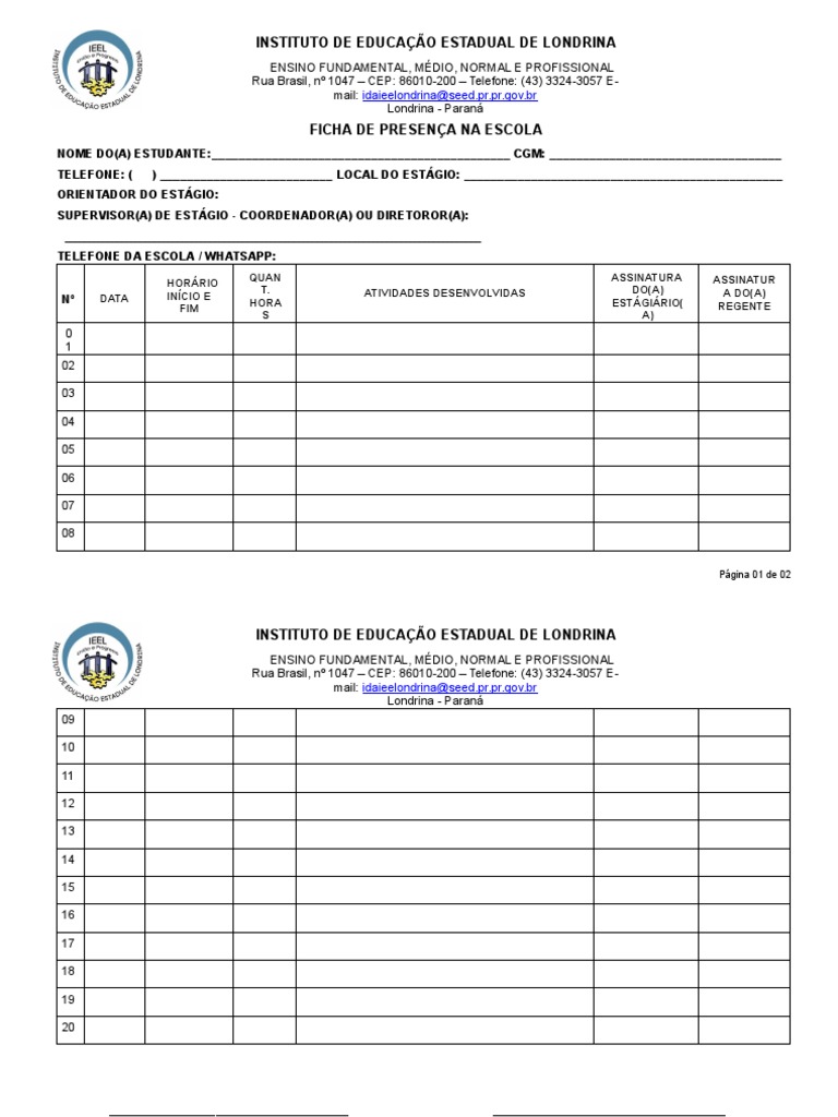 Ficha de Presença para Estágio Escolar | PDF