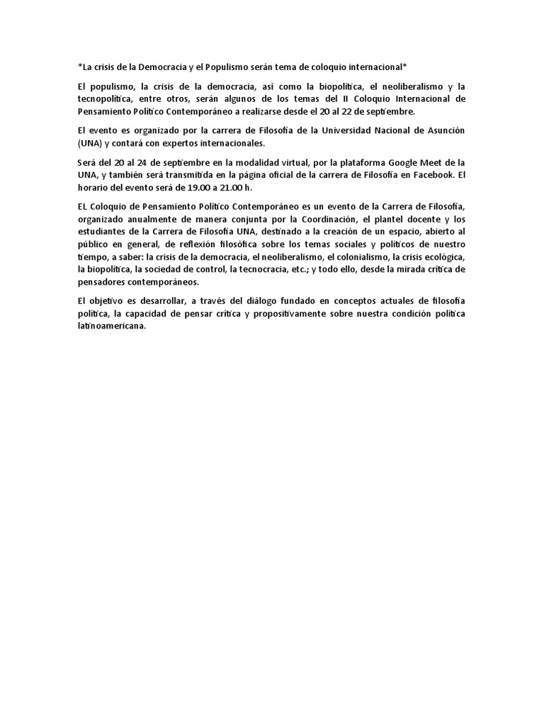 La Crisis de La Democracia y El Populismo Serán Tema de Coloquio ...