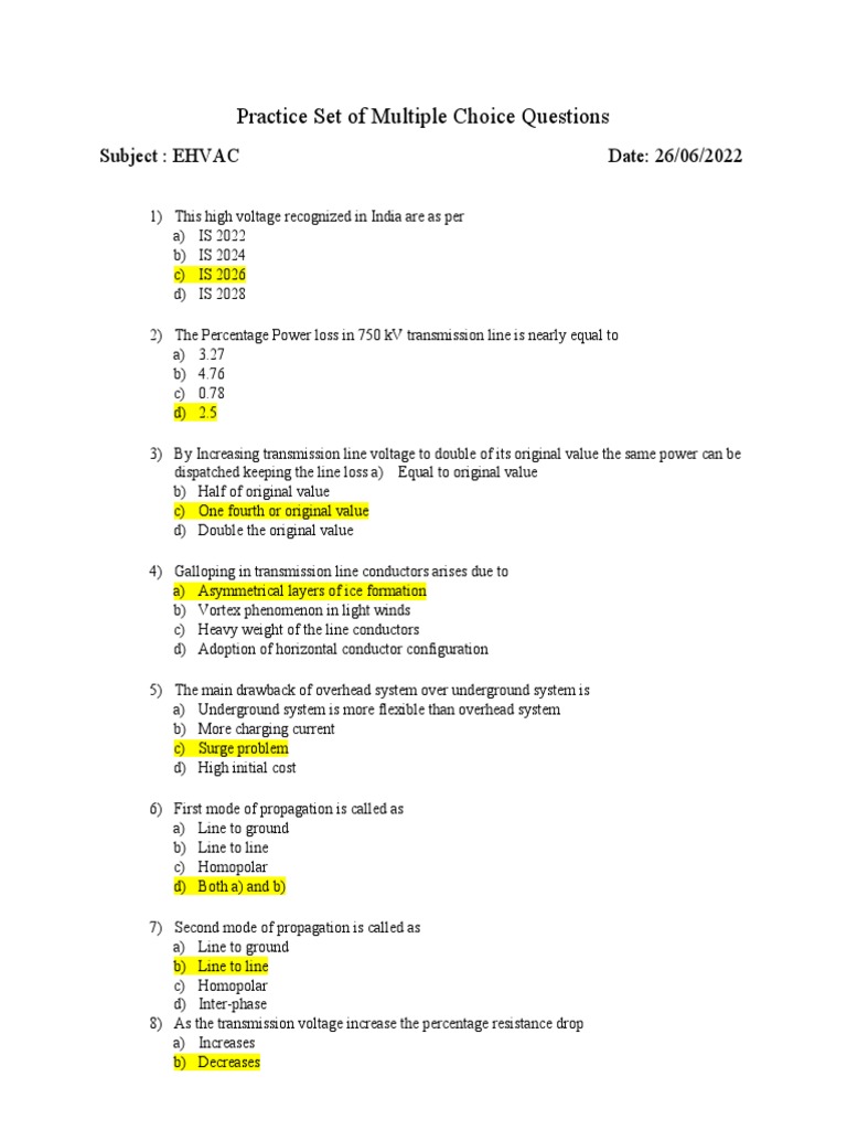 Practice Set of Multiple Choice Questions Subject EHVAC Date 26/06