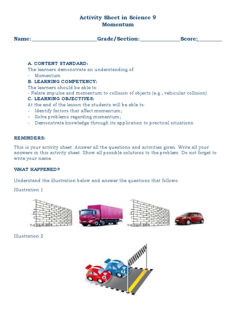 Activity Sheet in Science 9 For CO | PDF | Momentum | Mass