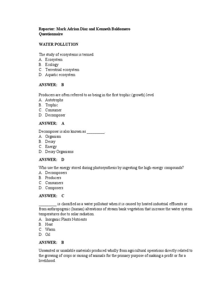 Reporter Mark Adrian Diaz and Baldomero Questionnaire Water Pollution PDF Water