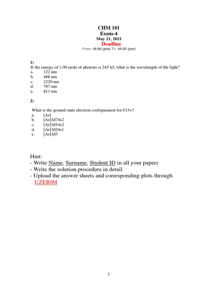 CHM 101 Exam-4 Instructions | PDF
