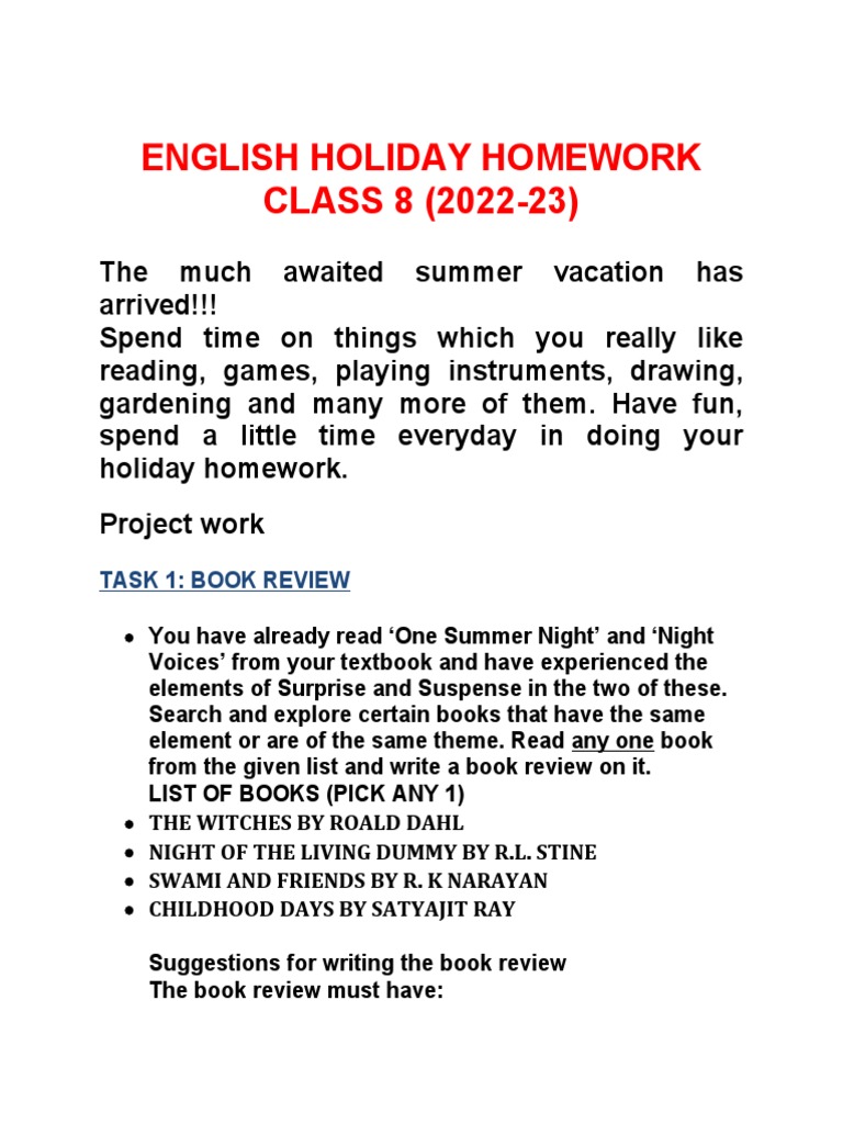 Class 8 English Holiday Homework 2022-23 | PDF