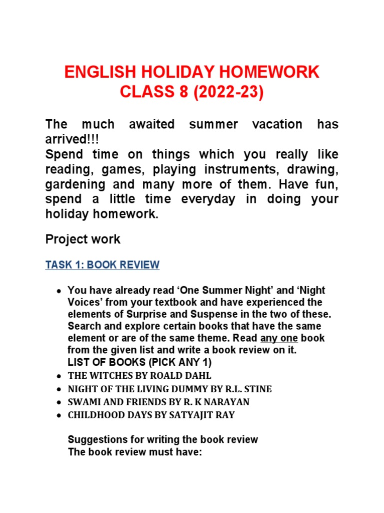 8th class english holiday homework