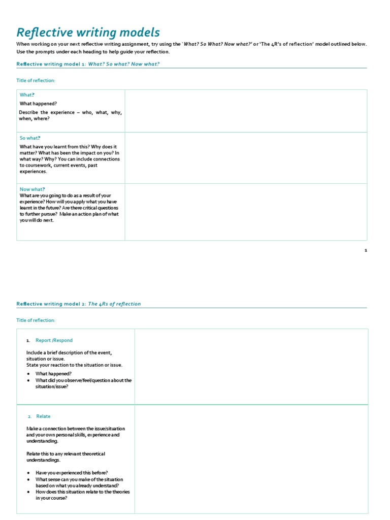 Reflective Writing Models: Reflective Writing Model 1: What? So What ...