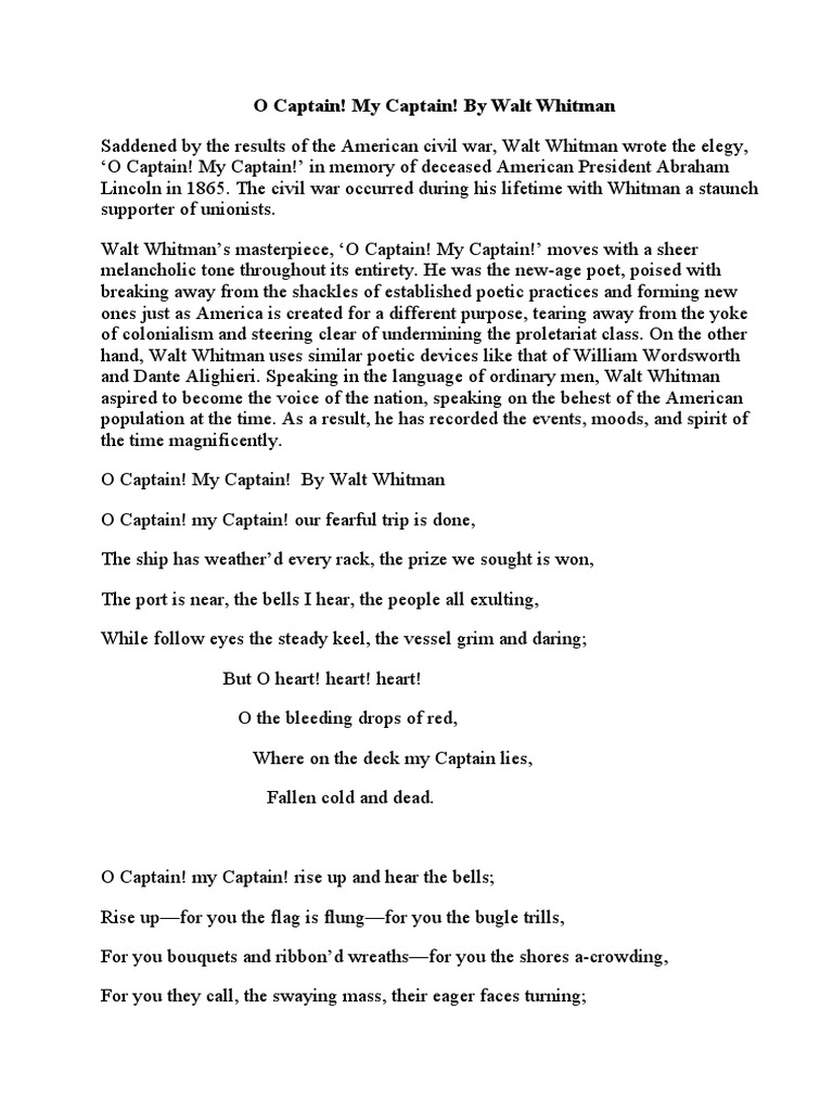 O Captain! My Captain! Analysis PDF Poetry Poetic Devices