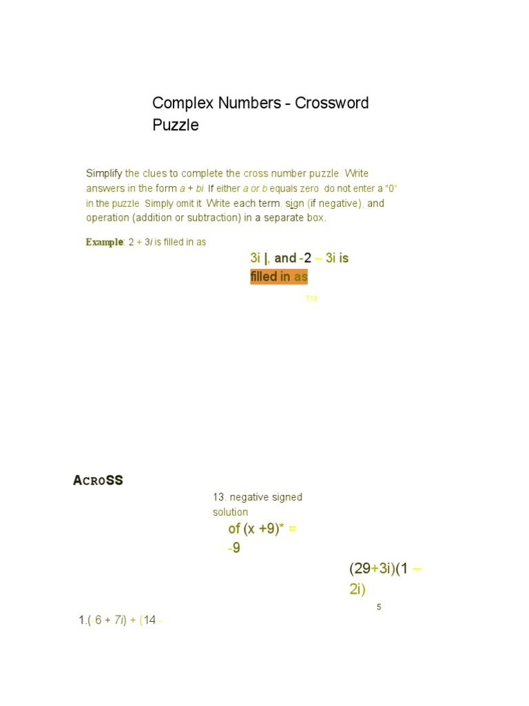 Complex Numbers Crossword Puzzle | PDF