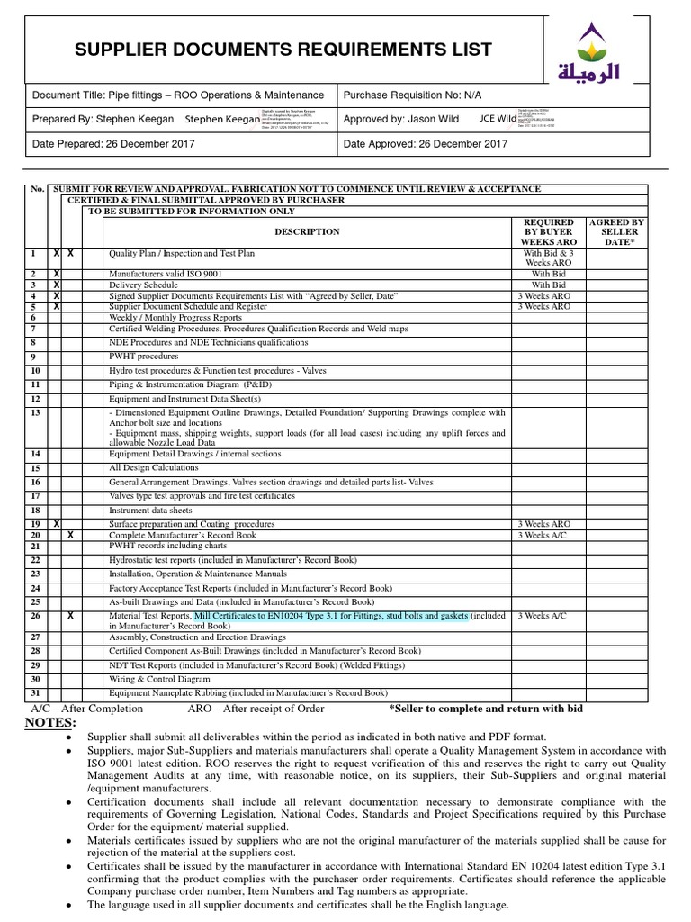 Supplier Document Requirements List | PDF | Nondestructive Testing ...
