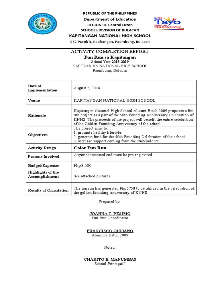 ACTIVITY COMPLETION REPORT Fun Run | PDF