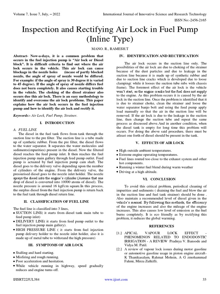 Inspection and Rectifying Air Lock in Fuel Pump (Inline Type) PDF