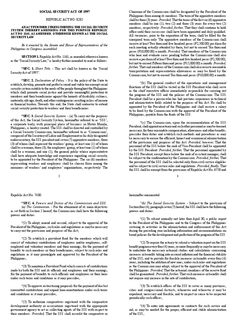 Ra 8282 Social Security Act of 1997 PDF Pension Employment