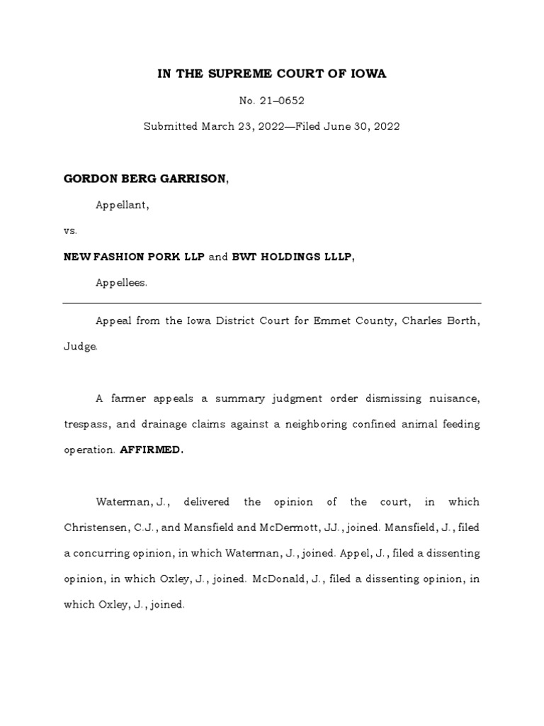 Garrison v. New Fashion Pork LLP, No. 21-0652 (Iowa June 30, 2022) | PDF |  Lawsuit | Sovereign Immunity