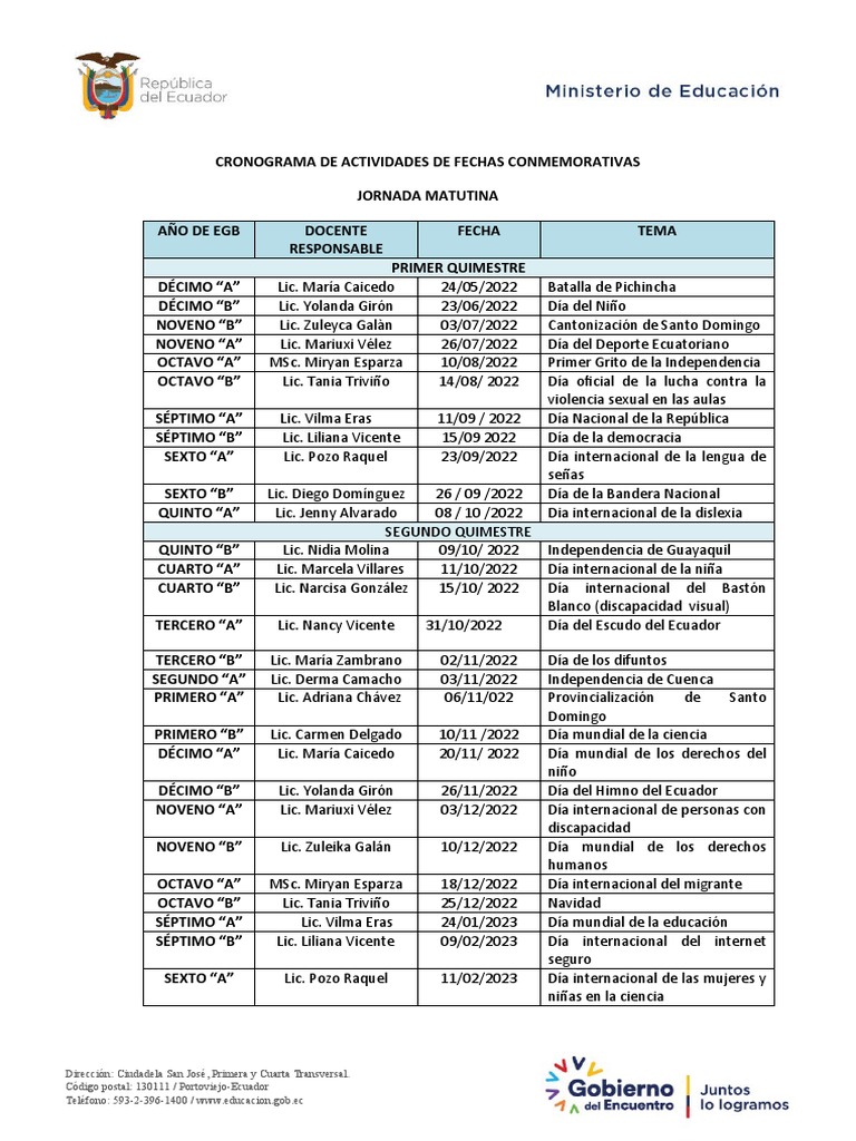 Cronograma de Fechas Conmemorativas 2022 2023 PDF Ecuador Comunidad andina