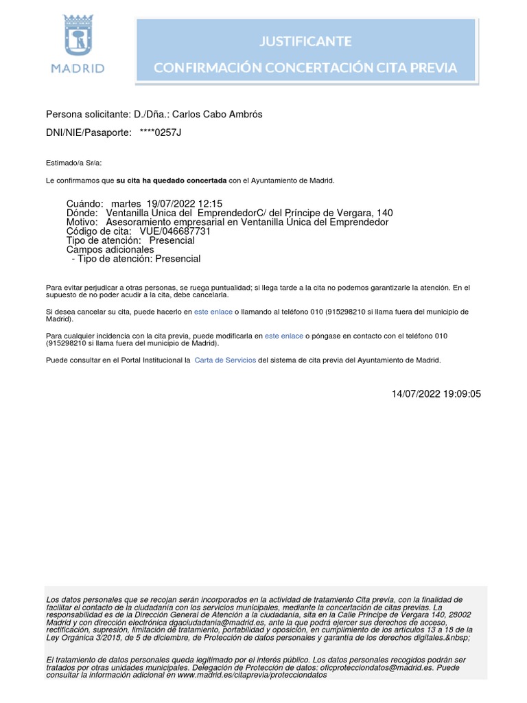 Confirmación de cita en Madrid 19/07/22 | PDF