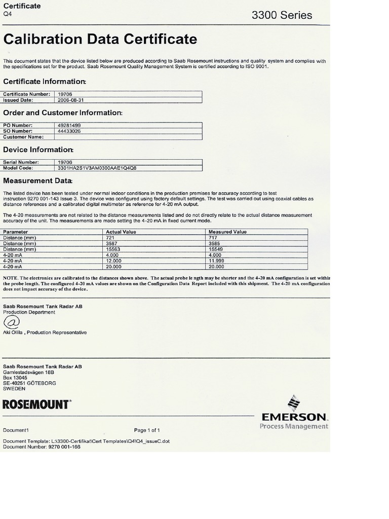 Emerson Calibration Data Certificate PDF