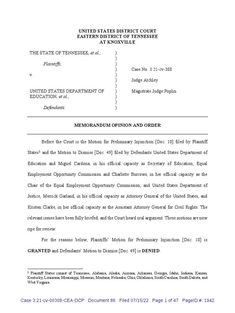 Tennessee vs. US Dept. of Education | PDF | Standing (Law) | Civil ...